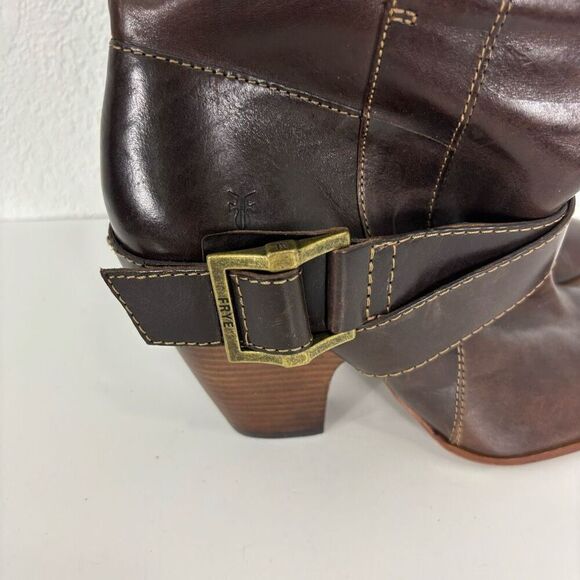 Frye Brown Leather Andrea Mid Calf Heeled Booties - Picture 7 of 10
